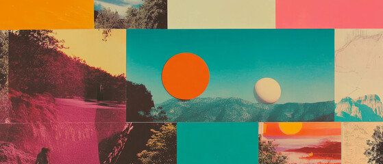 Poster - Minimalistic collage art blending warm and cool colors with diverse textures from magazines