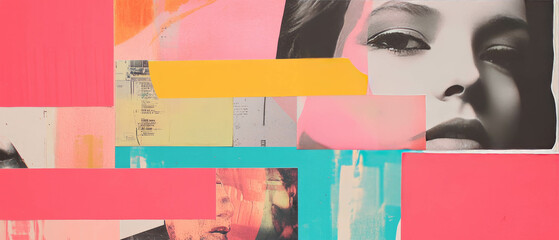 Poster - Minimalistic collage showcasing warm and cool colors with magazine cutouts and mixed media