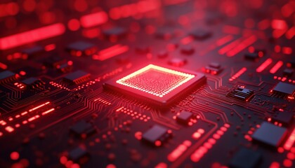 Poster - close up view of tech circuit board. red glowing lines, components. abstract image of tech, cyber. m