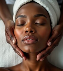 Dark-skinned woman relaxes during professional facial treatment. Beautician gently massages womans face. Relaxed expression indicates comfort, well-being. Treatment focus on skincare, beauty. Spa