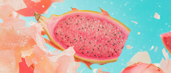 Aufkleber - Delicate dragon fruit slice in a minimalistic scrapbook-style composition with paper cutouts