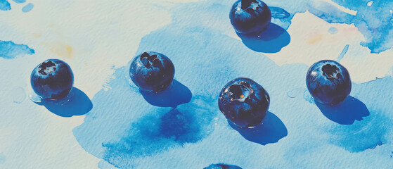 Poster - Scattered blueberries on textured watercolor paper in a minimalist scrapbook layout