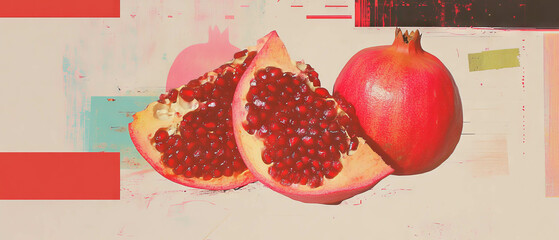 Poster - Delicate pomegranate slice in a minimalistic scrapbook-style design with textured background