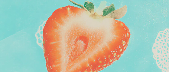 Poster - Halved strawberry on a textured background with delicate paper doily embellishment