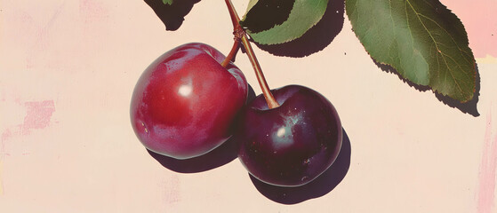 Poster - Minimalistic scrapbook composition featuring a plum with hand-drawn stem and delicate textures