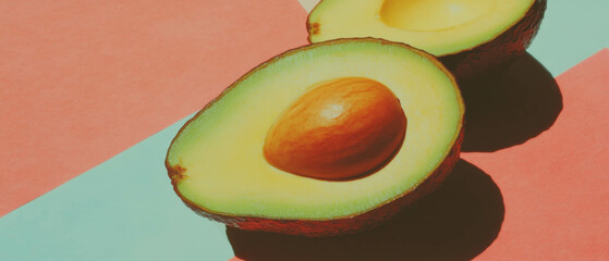 Poster - Halved avocado on kraft paper background in minimalistic scrapbook style with delicate textures
