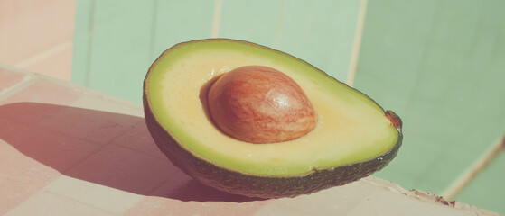 Poster - Minimalistic scrapbook composition featuring halved avocado on kraft paper background