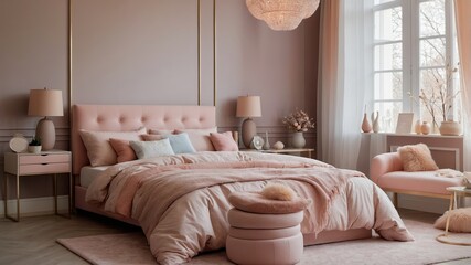 Poster - elegant modern bedroom design with soft tones and cozy decor in a serene setting