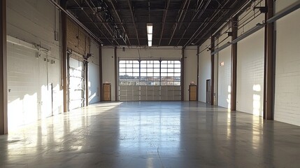 Poster - Bare concrete floors stretch across the vast interior, where sunlight streams through large open doors, creating a tranquil atmosphere perfect for inspiration or contemplation