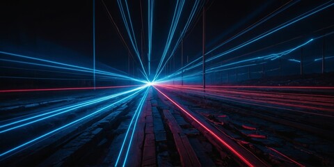 Poster - bright beams of blue and red light radiate from a central point in a dynamic visual display