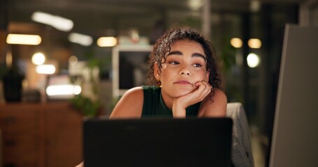 Poster - Business person, laptop and bored in night office for homepage design, deadline and startup website glitch. Fatigue, technology and tired girl with late overtime strain, dont know and creative block
