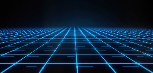 Poster - abstract tech background features bright neon blue grid pattern on dark black backdrop. modern desig
