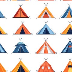 Wall Mural - Flat style seamless pattern with various camping tents, isolated on a white background, lively design.