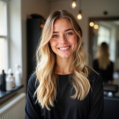 Wall Mural - Young woman with blonde hair smiles warmly in beauty salon. Casual black top, light colored interior create clean, modern look. Photo shows friendly, pro beauty business. Minimalist style evident.