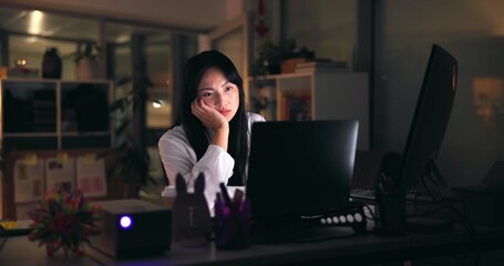 Aufkleber - Tired, asian woman or night with laptop for design, project deadline or fatigue at office. Female person, employee or designer working late with computer for overworked strain or burnout at workplace