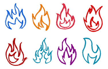Wall Mural - Fire Icon Crayon Chalk Drawing Vector Set