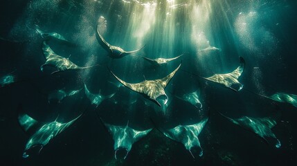 Poster - Graceful manta rays glide through warm sunbeams, their wings undulating softly as they navigate the azure depths, creating a mesmerizing underwater ballet