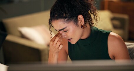 Poster - Business woman, computer and headache with mistake, creative agency and burnout for night brainstorming. Girl, brand consultant and internet 404 with project issue, proposal and startup for office