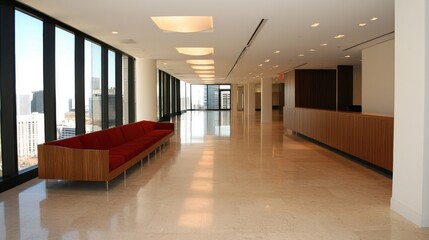 Poster - Modern office interior featuring sleek design, abundant natural light, spacious layout, and stylish furniture in urban environment