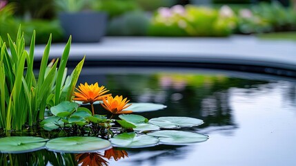 Wall Mural - Garden blooms nature concept. Beautiful lilies bloom on a serene pond surrounded by lush greenery.