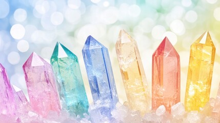 Poster - Colorful Crystals on Sparkling White Background with Bokeh Effect for Wellness and Healing Themes