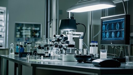 Poster - laboratory setup with microscope, computer display, and glassware for scientific research and analys