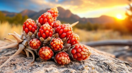 Fototapete - Vibrant Red Wildflowers Against a Scenic Backdrop of Mountains and Golden Sunset Light