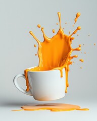 Aufkleber - Vibrant Orange Liquid Splashing from White Ceramic Mug on Minimalist Background