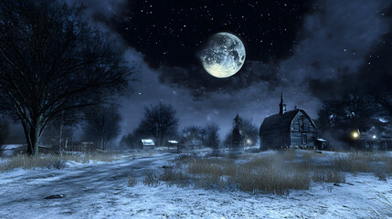 Poster - A serene, snowy landscape under a bright moon, with a rustic barn and silhouetted trees, creating a peaceful nighttime atmosphere