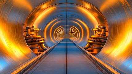 Aufkleber - A futuristic tunnel featuring glowing orange lights and smooth surfaces, showcasing advanced engineering and technology