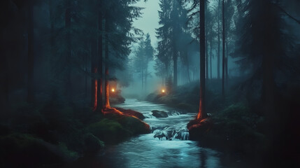 Poster - A tranquil, misty forest scene with a flowing stream illuminated by glowing lanterns, evoking a serene, magical atmosphere