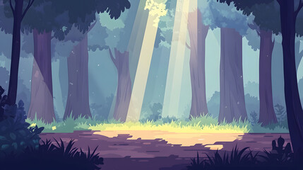 Poster - A serene forest scene illuminated by soft beams of light filtering through the trees, highlighting a peaceful grassy clearing
