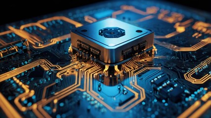 Poster - high-tech microchip on a vibrant circuit board showcasing intricate details and modern technology