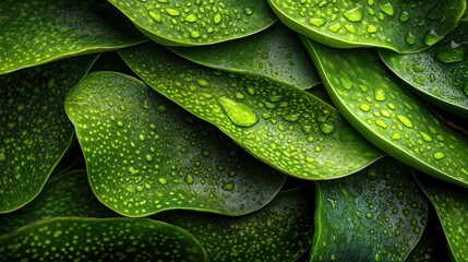 Aufkleber - Close-Up of Fresh Green Leaves with Water Droplets Showcasing Natural Texture and Vibrant Colors
