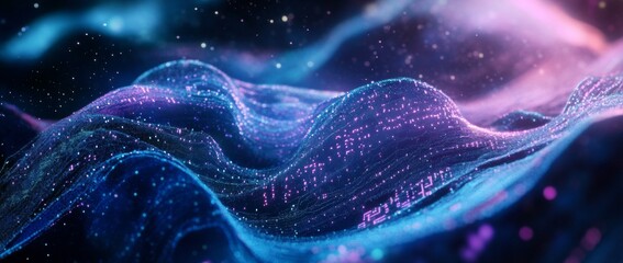 Wall Mural - abstract background with a wavy blue and purple gradient, a digital wave pattern of dots and lines.