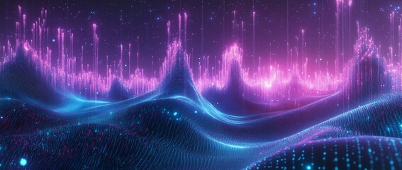 Wall Mural - abstract background with a wavy blue and purple gradient, a digital wave pattern of dots and lines.