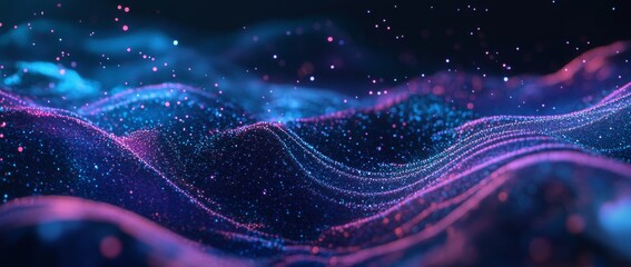 Wall Mural - abstract background with a wavy blue and purple gradient, a digital wave pattern of dots and lines.