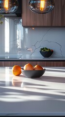 Poster - A sleek marble countertop showcases a bowl filled with oranges, enhancing the modern kitchen's charm. Soft sunlight filters through, illuminating the textures and colors of the fruits and space