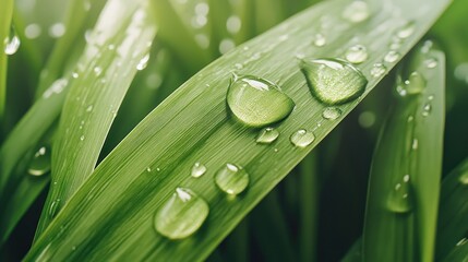 Fototapete - Close-Up of Fresh Green Grass Blades with Water Droplets Under Natural Light Conditions