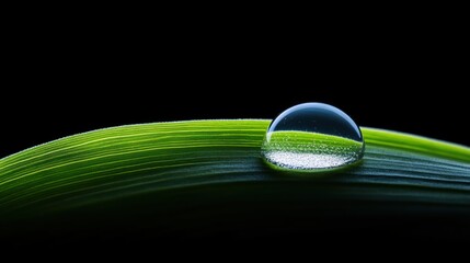 Fototapete - Close-up of dew drop resting on a green leaf showcasing detailed textures and vibrant colors against a dark background