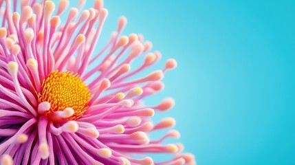 Fototapete - Vibrant Close-Up of a Beautiful Pink Flower with Detailed Petals and Bright Yellow Center Against a Soft Blue Background