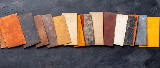 Aufkleber - Colorful arrangement of textured material samples showcasing various shades and finishes on a dark background
