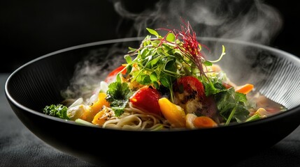 Poster - A beautifully plated ramen bowl with intricate toppings and vibrant vegetables, steaming hot and ready to enjoy