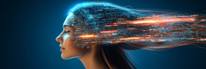 Aufkleber - digital mind profile of a woman with circuit boards and binary code forming her hair