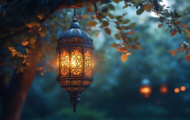 Wall Mural - Illuminated Moroccan Lantern Hanging from a Tree Branch at Dusk

