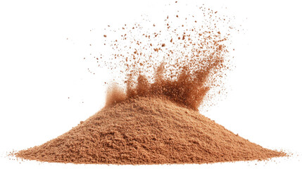 Pile of cocoa powder exploding on transparent background