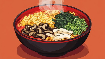 Poster - A flavorful bowl of ramen with vibrant toppings like nori, corn, and mushrooms, with steam rising from the hot broth