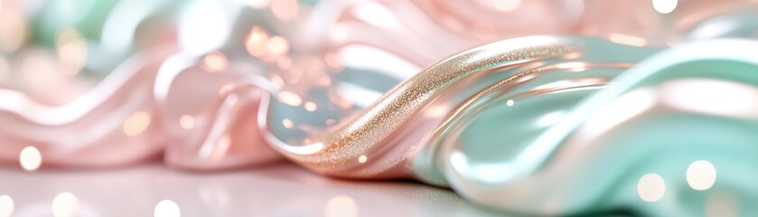 Poster - Smooth background shimmers with iridescent hues of pink, green, and gold, enhanced by gentle light effects that exude elegance and a dreamlike quality