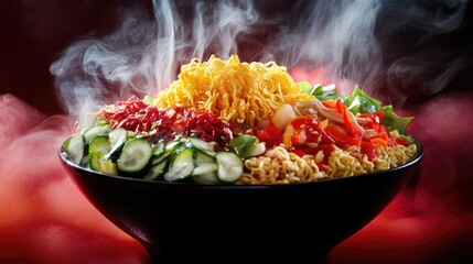Poster - A hot bowl of ramen featuring vibrant veggies, intricate toppings, and curling steam, ideal for enticing food photography