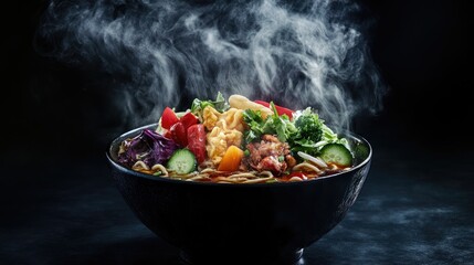 Poster - A hot bowl of ramen featuring vibrant veggies, intricate toppings, and curling steam, ideal for enticing food photography